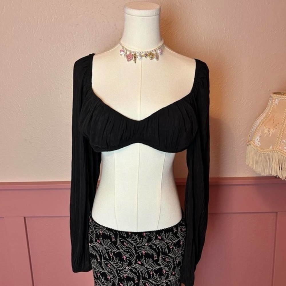 Emory Park Black Milkmaid Bralette Top Puff Sleeve Underwire Goth Medium